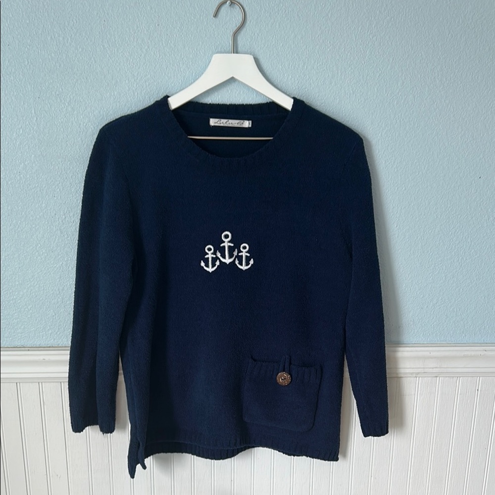 Lulu B Navy Blue Sweater w/Anchor Design (Chenille) Soft and Cozy for Winter.,